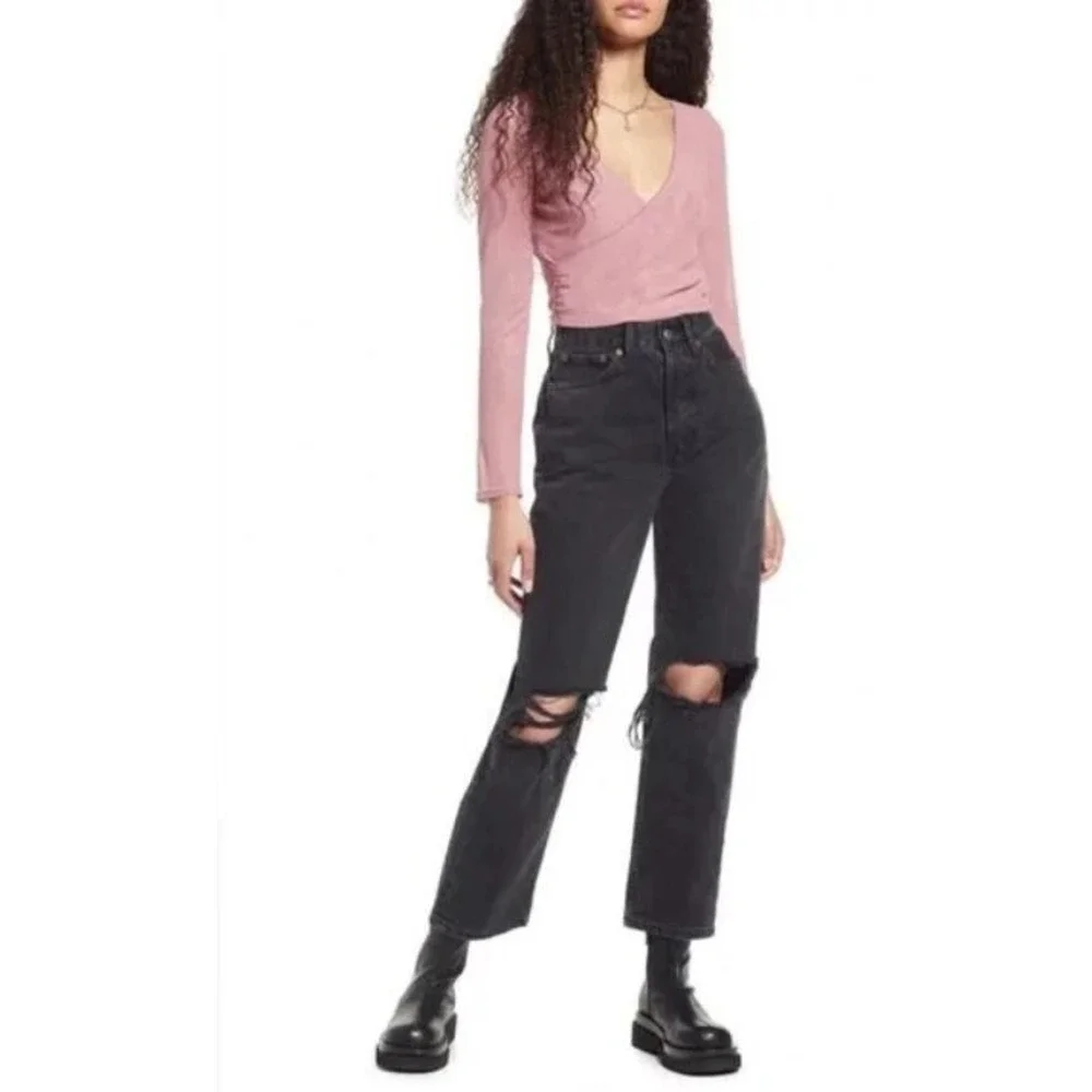 BP. Women's Long Sleeve V-Neck Faux Wrap Mesh Crop Top in Pink Nostalgia Small